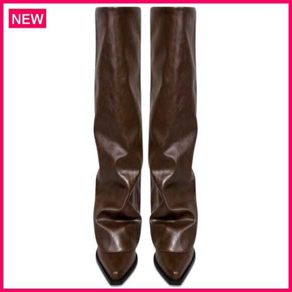 Women's Knee High Boots Wide Calf Chunky Heel Fold Over Slouchy Dress Boots - Picture 4 of 8